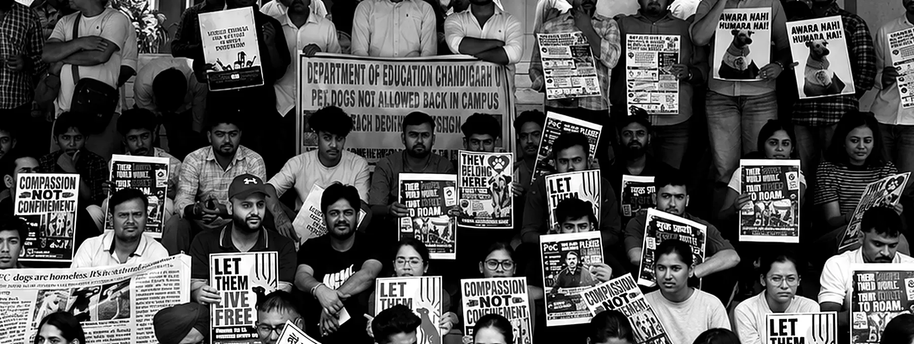 Protesters with placards reading Let them live free, Compassion not confinement and They belong here, before a banner addressed to the Department of Education, Chandigarh