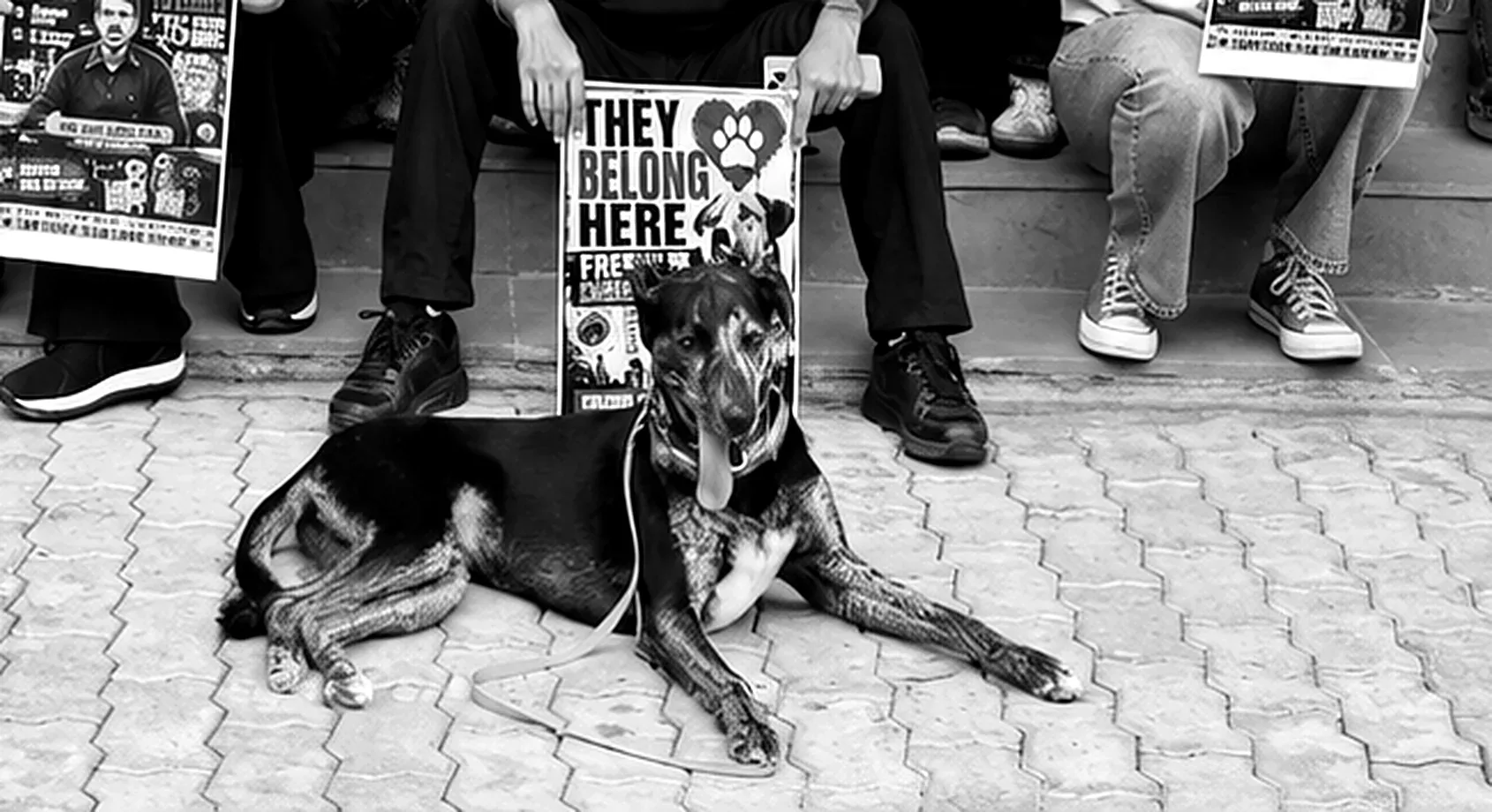 A community dog lying at the protesters&rsquo; feet beside a placard reading They belong here