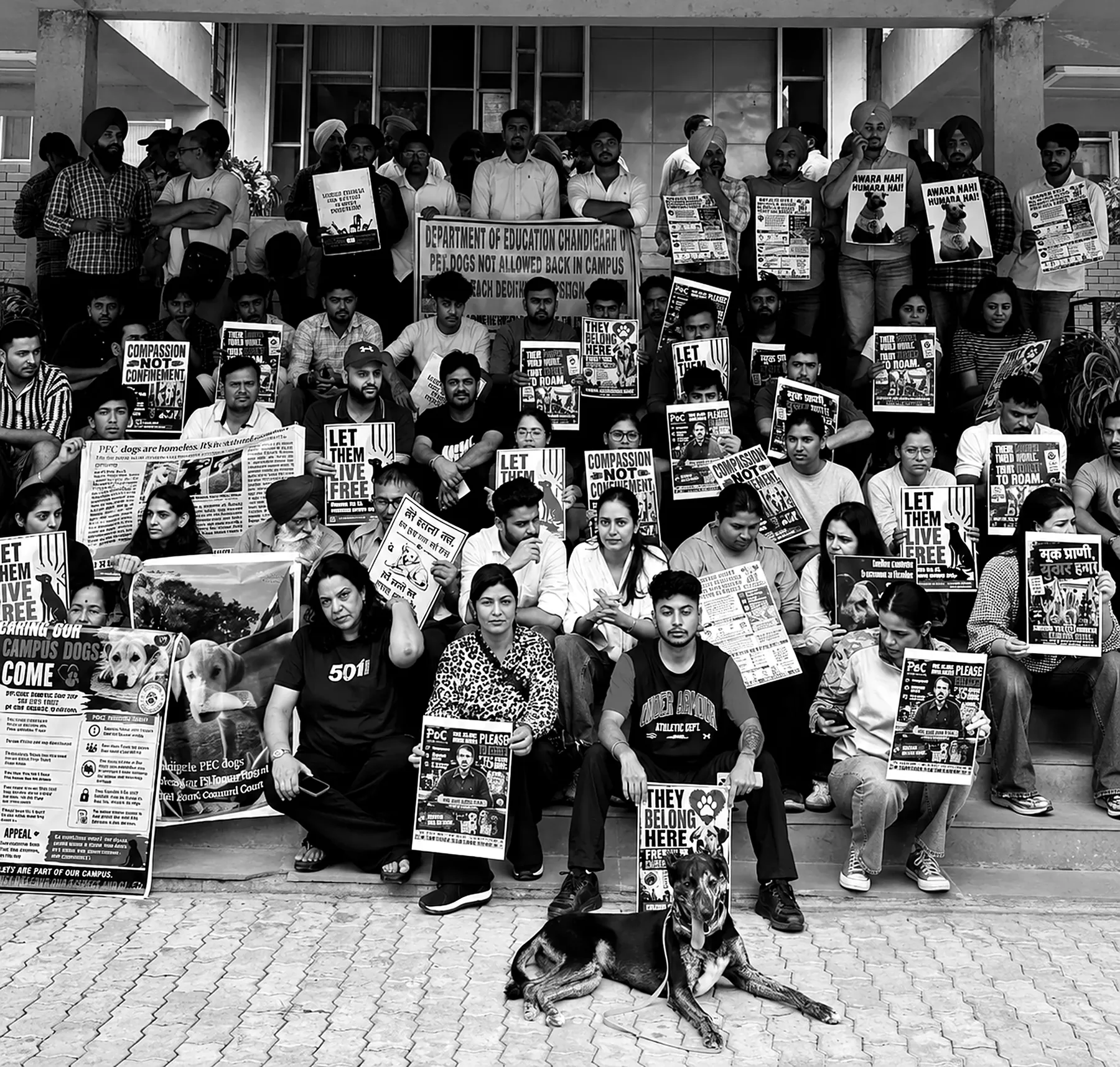 The protest at the gates: rows of people on the campus steps holding placards for the dogs