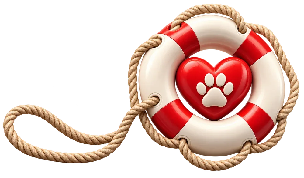A red and white life ring with a red heart and a paw print at its centre, its rope trailing away