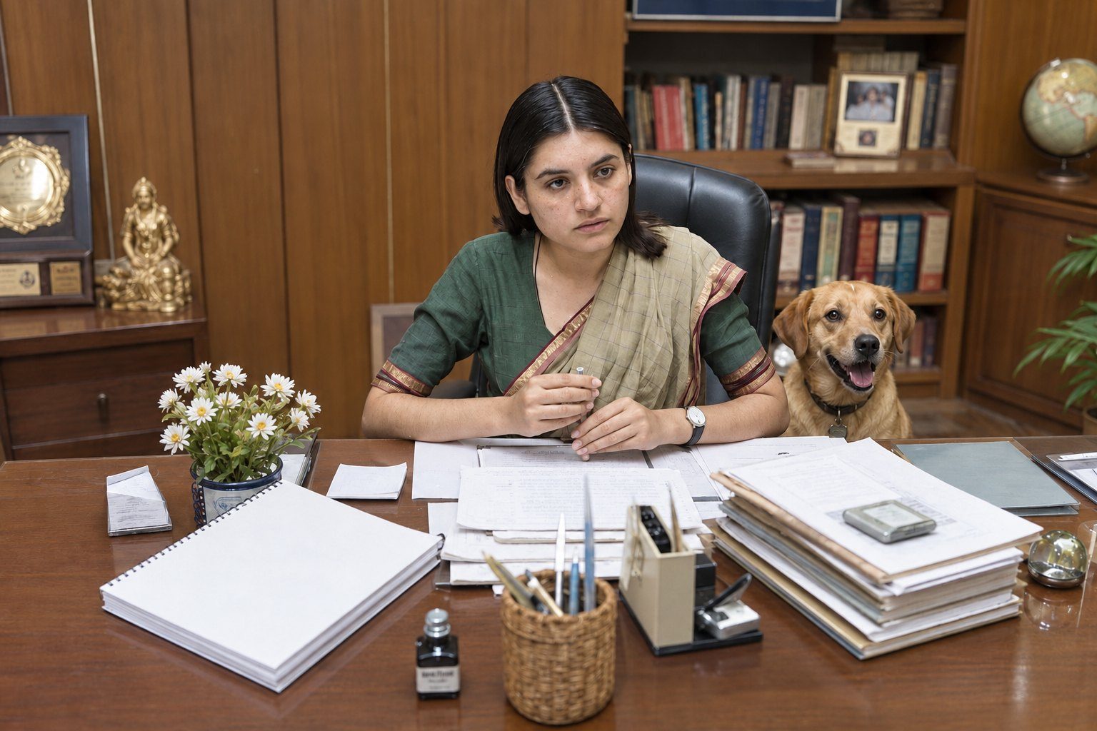 Smt. Maneka Sanjay Gandhi at her desk, a dog beside her chair